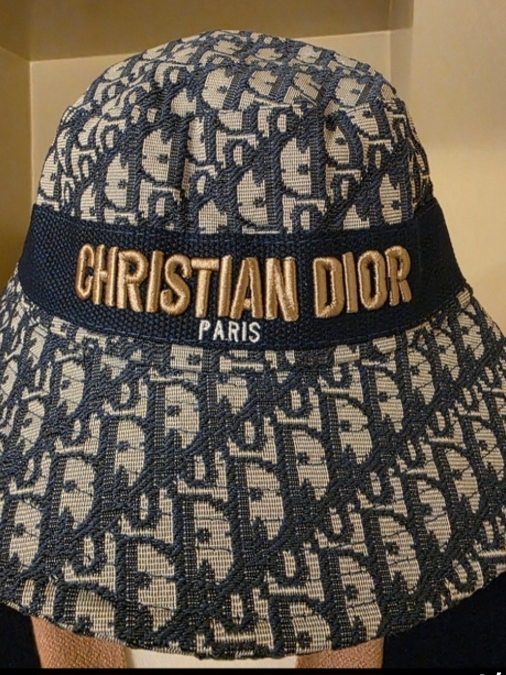 Dior Men's Navy & Beige Monogram Bucket Hat with Gold Logo